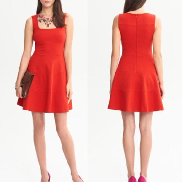 Banana Republic Ponte Fit Flare Dress Sz 4 Red Tomato Sauce Office Siren Preppy‎ - Picture 2 of 9